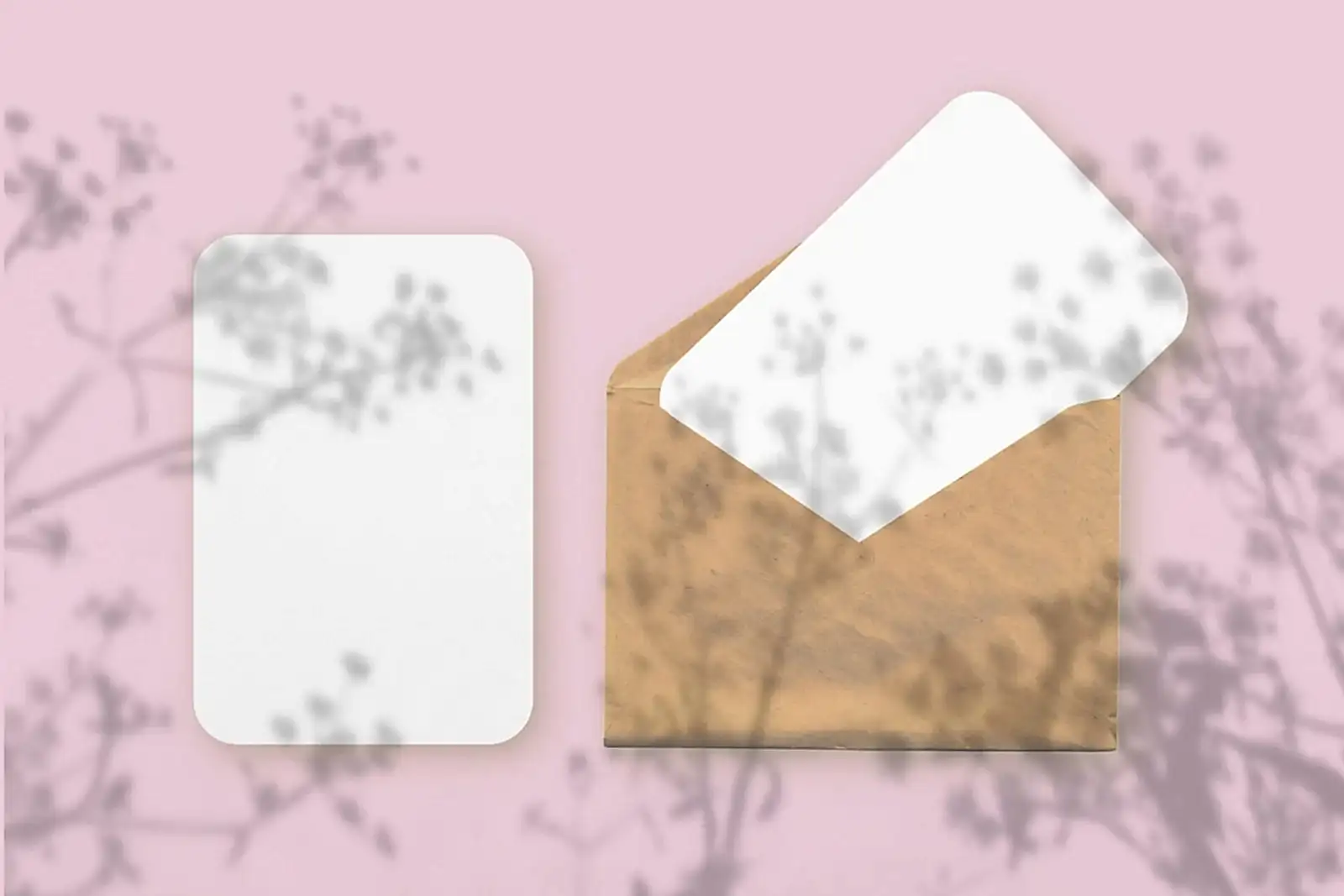 An envelope with two sheets of textured white paper on pink background. Mock up with an overlay of plant shadows. Natural light casts shadows from wildflowers.. Horizontal orientation.